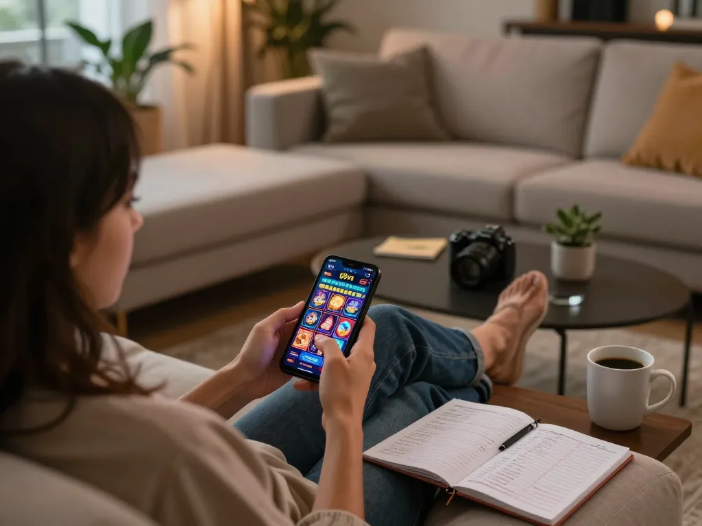 Player enjoying online gaming on 69vn's mobile app from a cozy home setting, emphasizing comfort and responsible gambling.