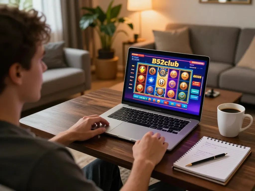 Engaging player enjoying B52club online slots on laptop with cozy atmosphere