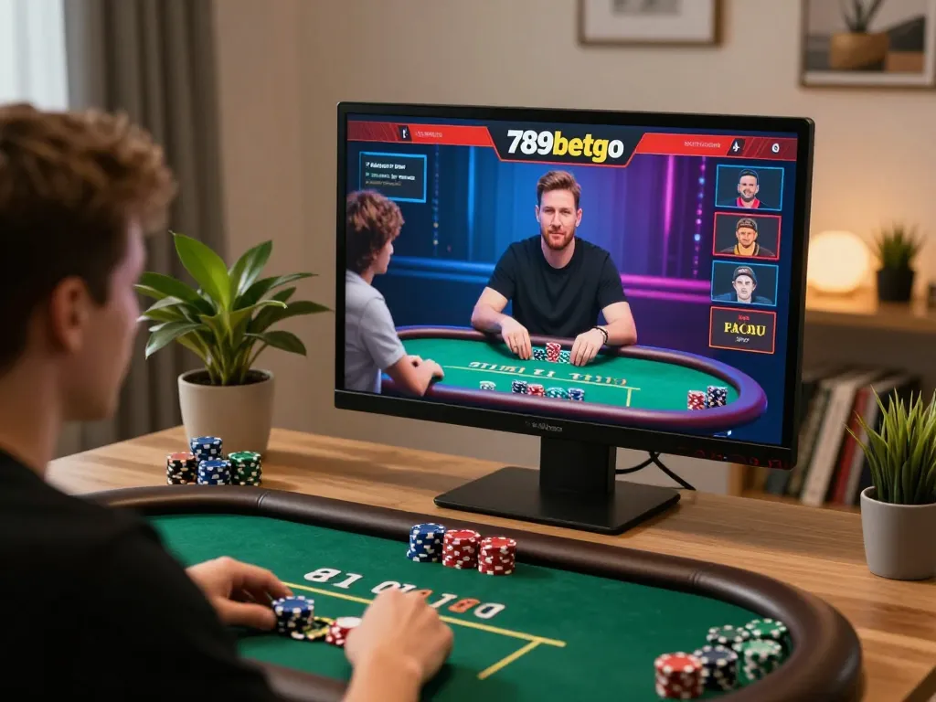 Engaging online poker game on 789betgo app in a cozy home office.