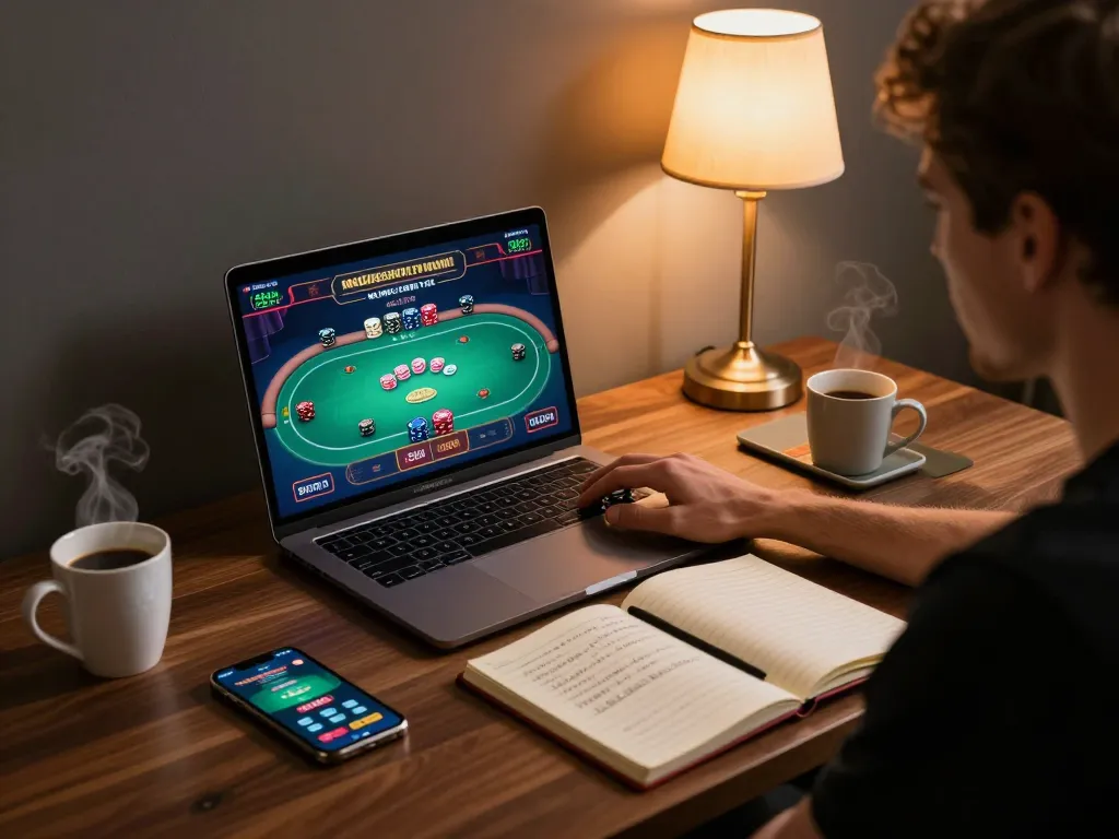 Person playing 789Club poker online with strategic notes and a smartphone