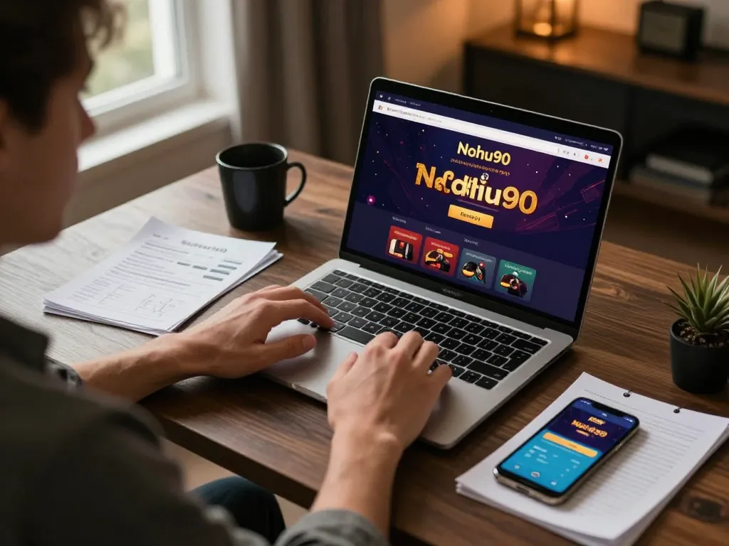 Nohu90 engagement in a stylish online casino setup with a person strategizing bets.
