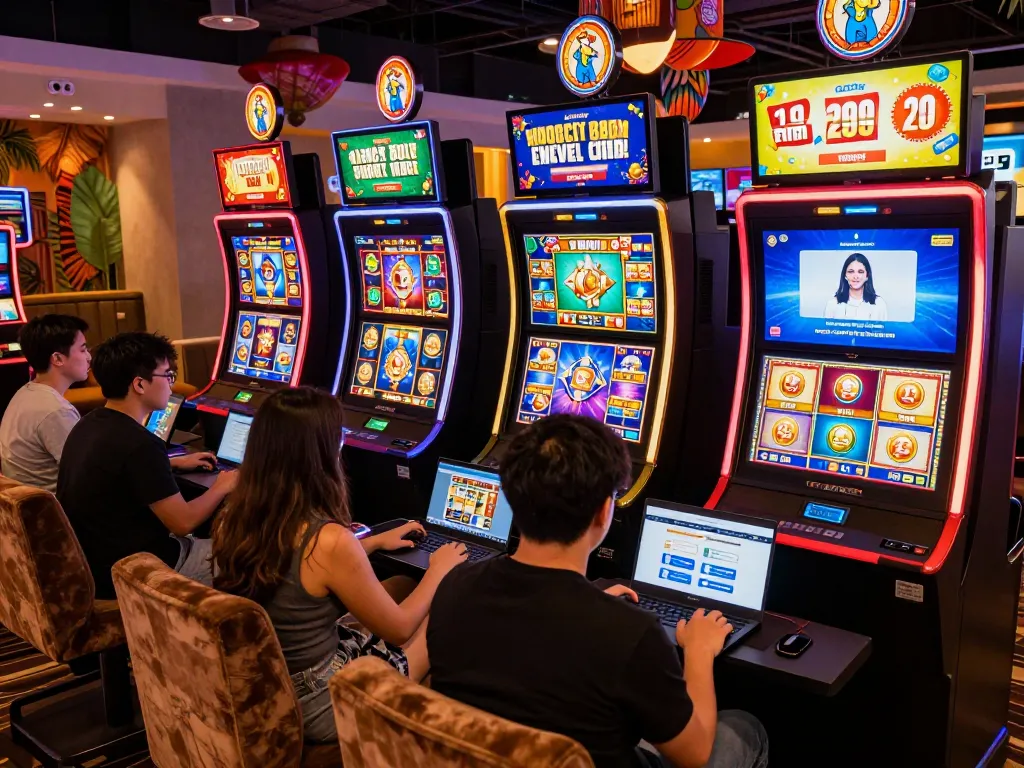 Engaged players enjoying 45x .com online slots in a lively casino atmosphere, showcasing vibrant graphics and bonuses.