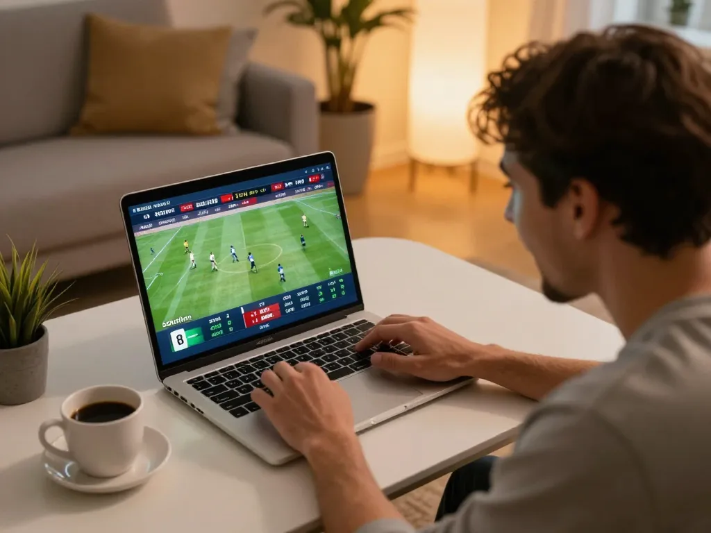 Socolive user placing sports bets on a laptop in a cozy living room setup.