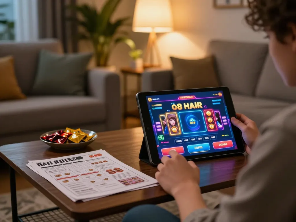 Enjoying O8 HAIR online casino game on a cozy tablet setup with warm evening ambiance
