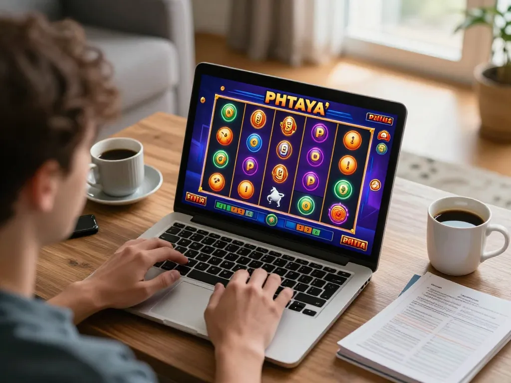 PHTAYA player enjoying online slots in a cozy home setting with detailed gameplay on laptop screen