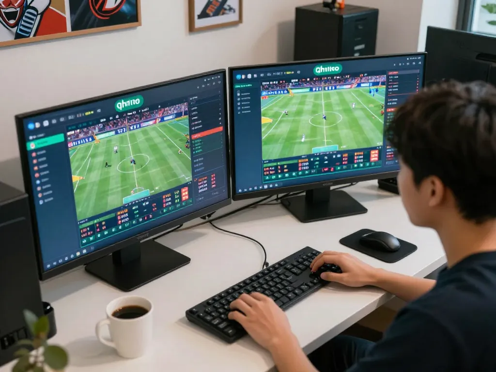 A person actively engaging with sports betting on qh88go, analyzing odds at a home gaming setup.