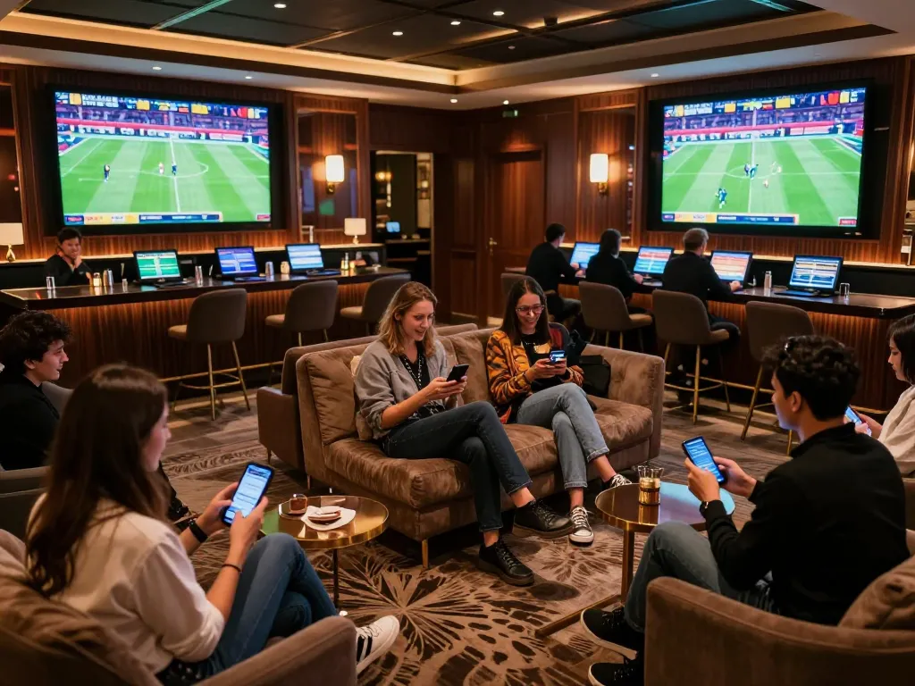 Excited gamblers placing bets on their devices at ee88's luxurious sports betting lounge