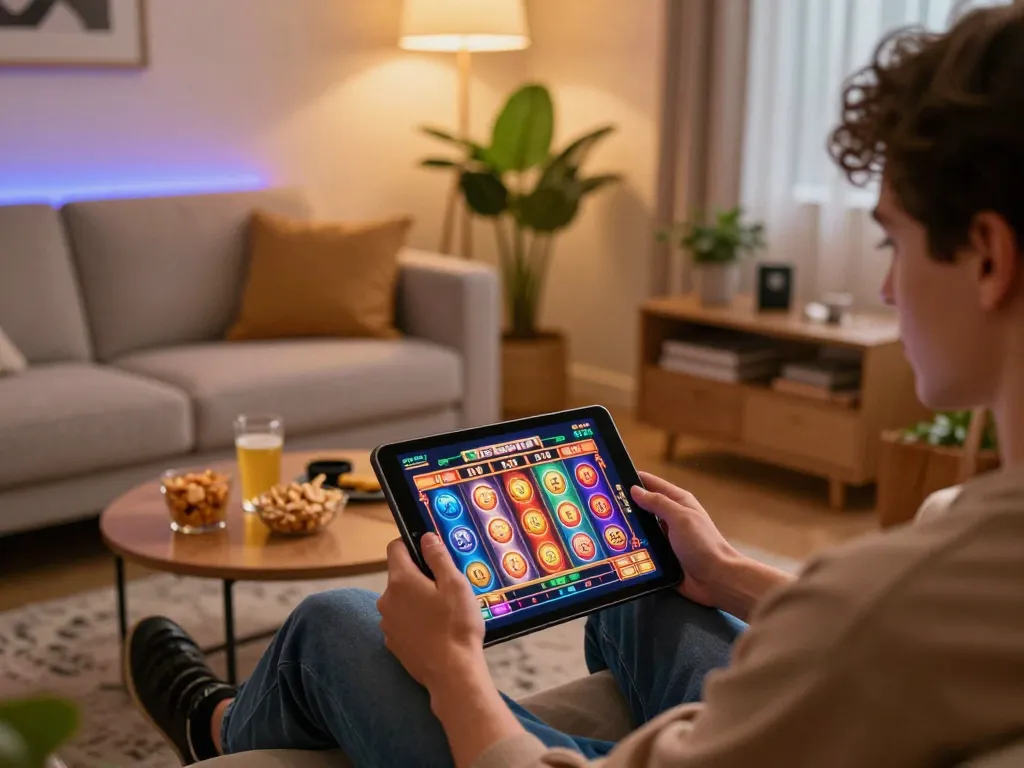 Engaging online gaming moment at DN88 with vibrant slot machine interface on tablet