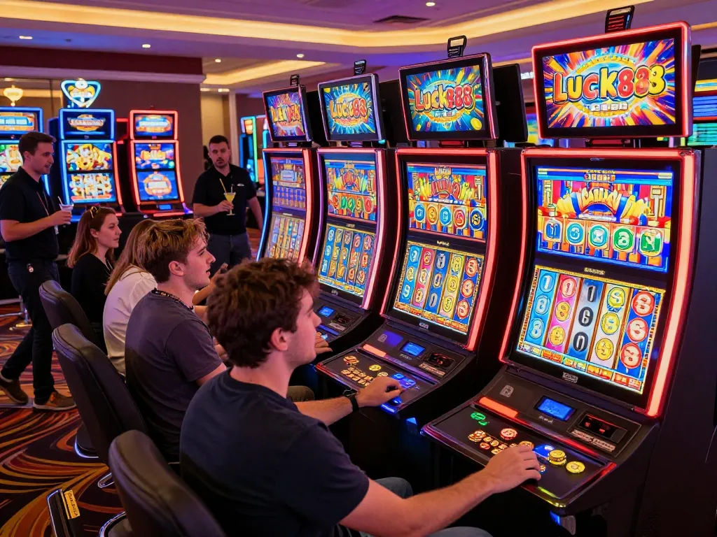 Excited players enjoying the Lucky88 slot machines in a vibrant casino atmosphere with colorful lights and sounds.
