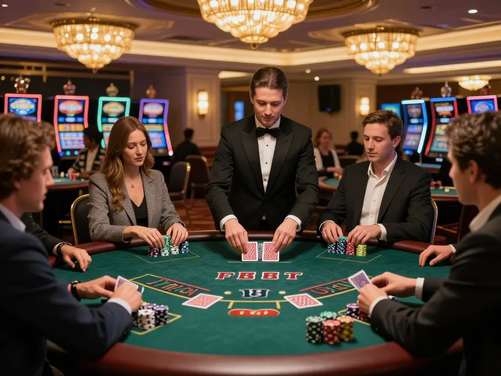F8BET players enjoying an engaging blackjack game at a luxurious casino table with vibrant atmosphere.