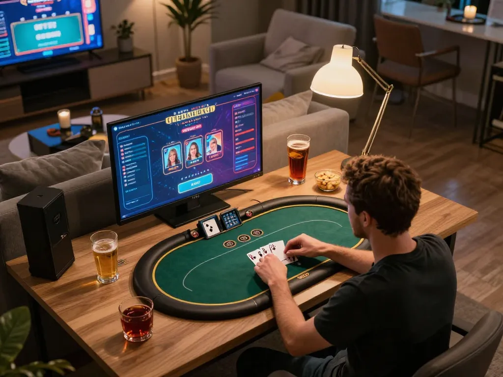 F168 player strategizing during a high-stakes online poker game at home, showcasing multiple gaming screens and beverage setup
