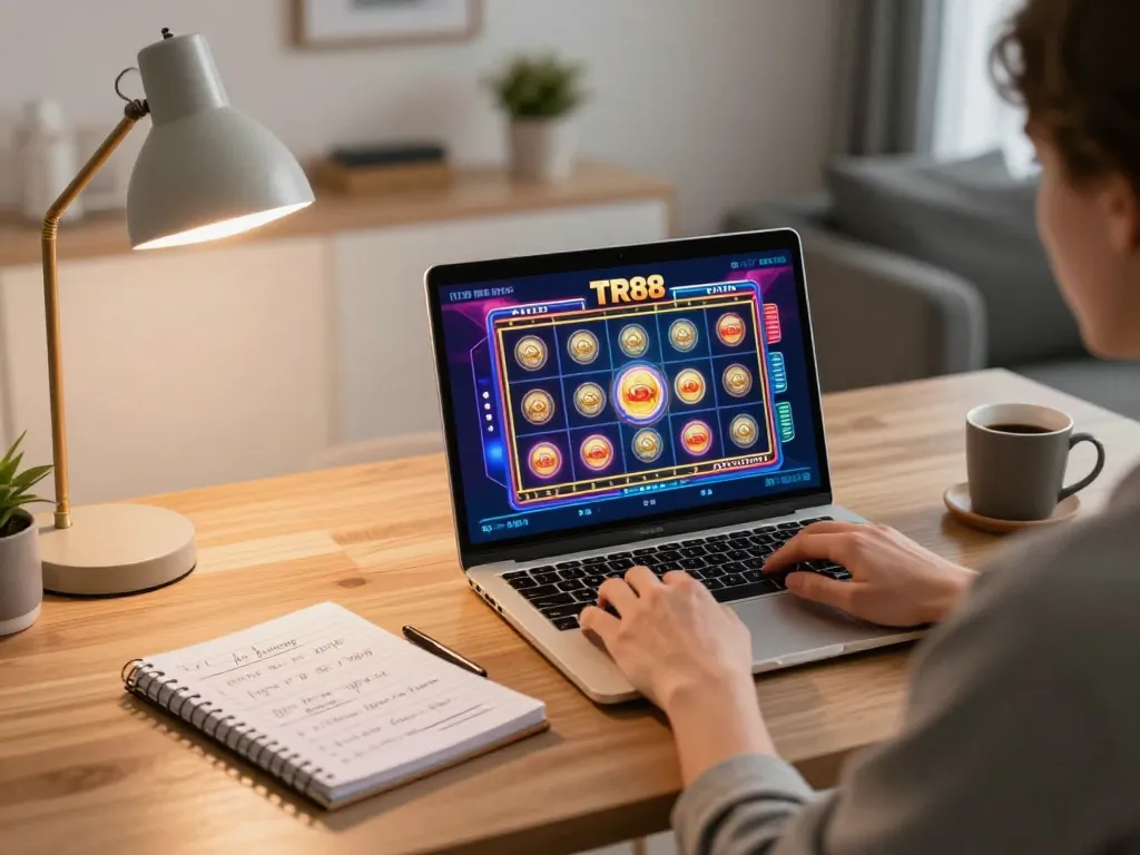 Player enjoying TR88 online gambling on laptop with vibrant game graphics and strategic notes