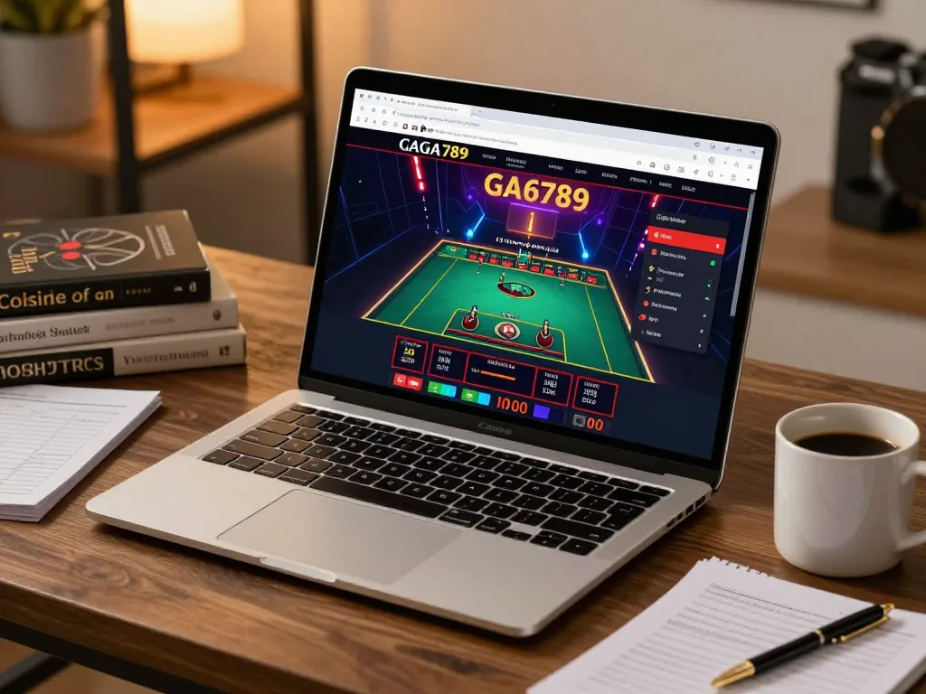 Engaging in online gaming with GA6789's vibrant interface, laptop set in a cozy environment.