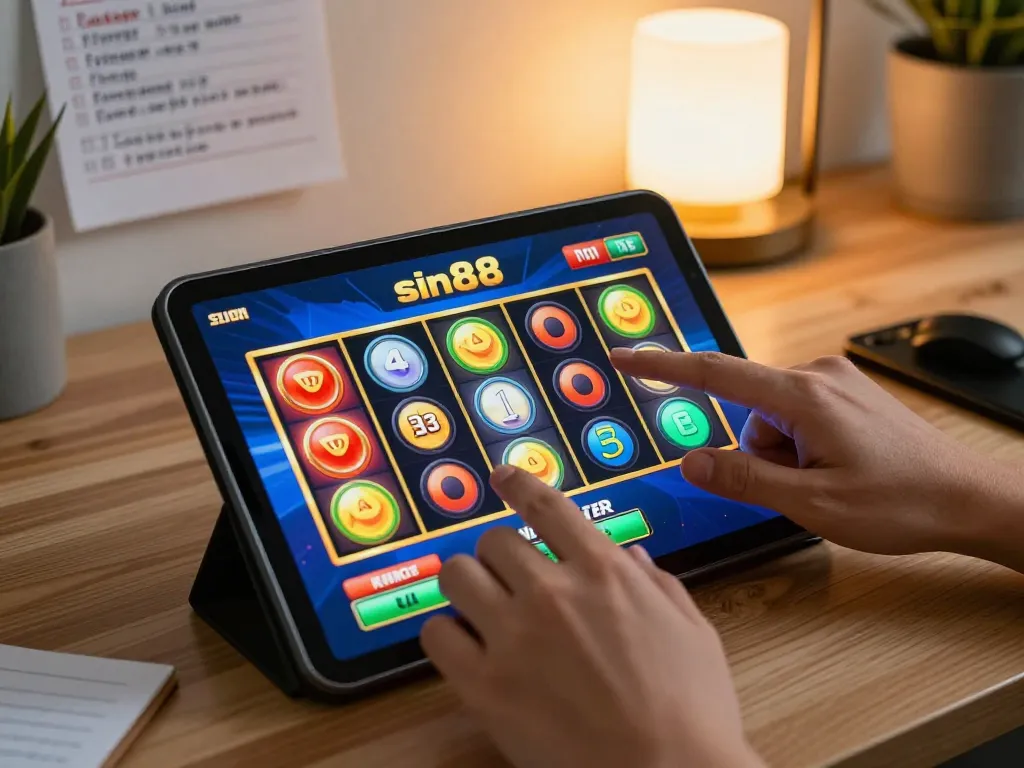 Engaging with sin88 slot on a tablet, showcasing exciting gameplay and strategic notes at home