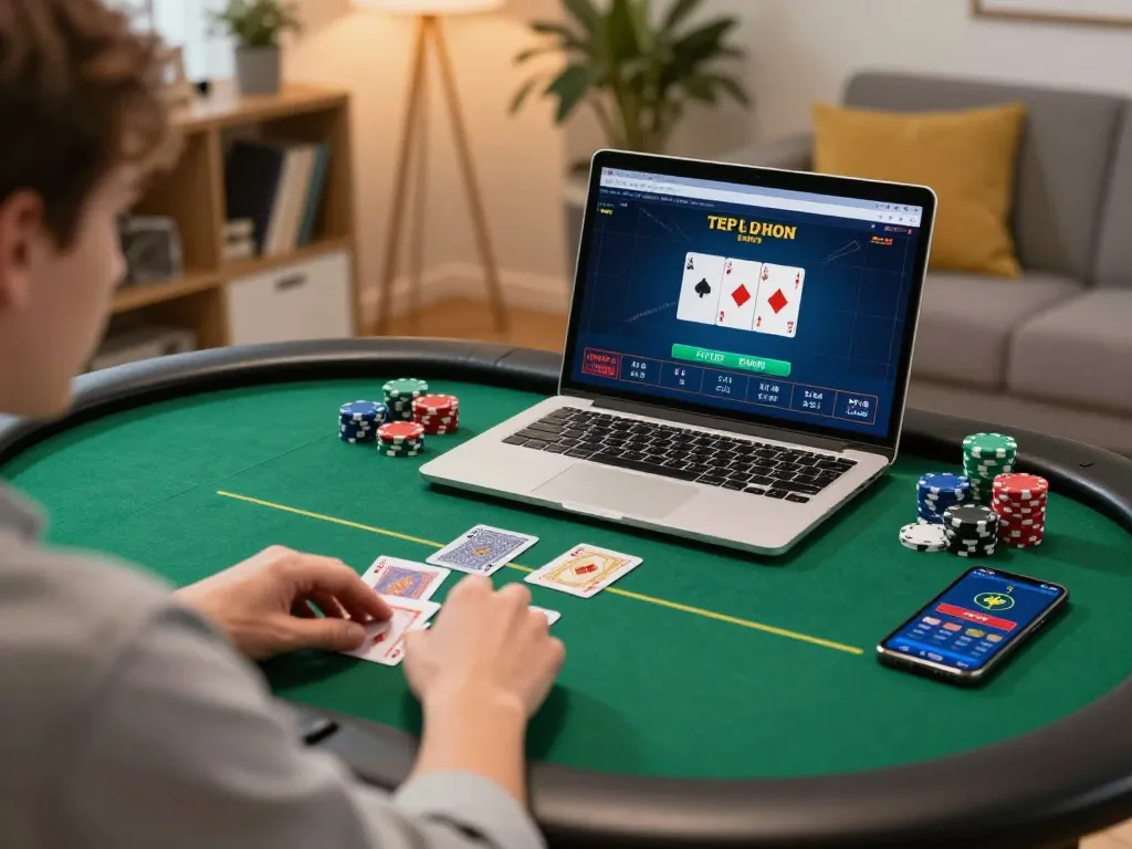 Twin68 online poker gameplay on a laptop in a cozy living room, showcasing strategy and excitement.