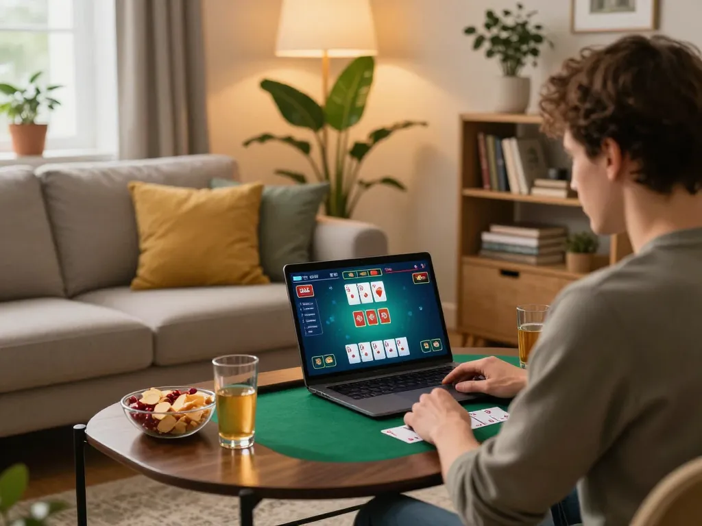 Player enjoying online poker at home with Ko66 on laptop, showcasing a cozy gaming environment.