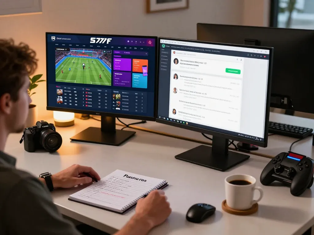 Person using the 577F platform for live sports betting from a modern home office.
