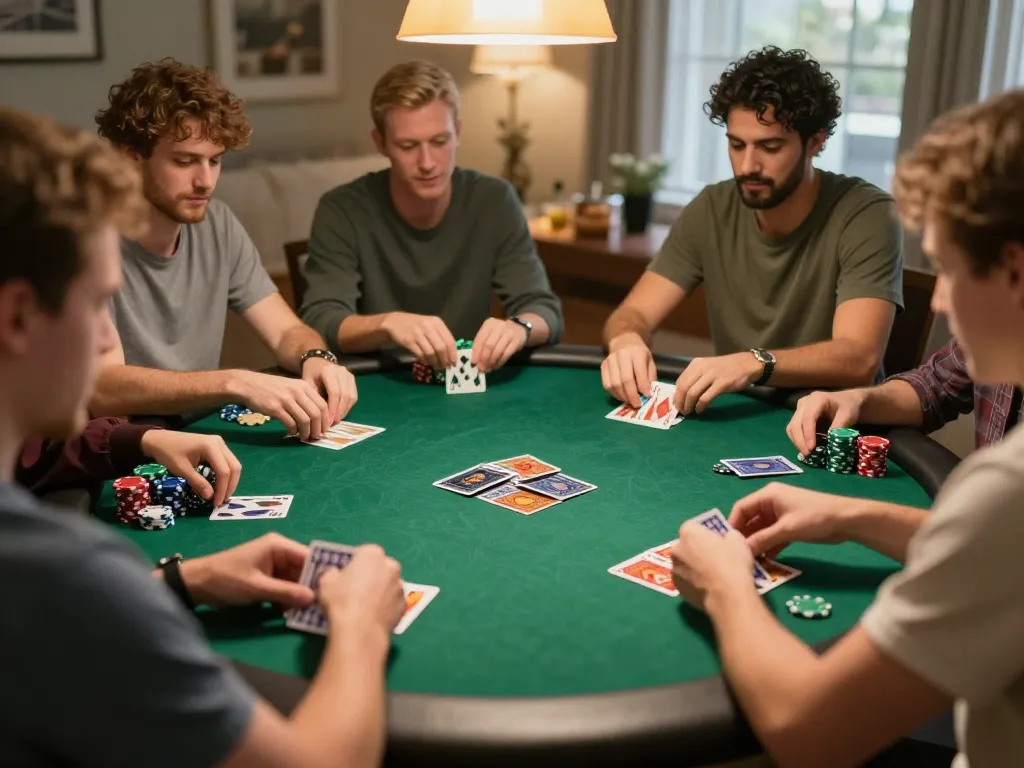 Friends enjoying a poker night at home, showcasing exciting gameplay and camaraderie with bayvip themes.