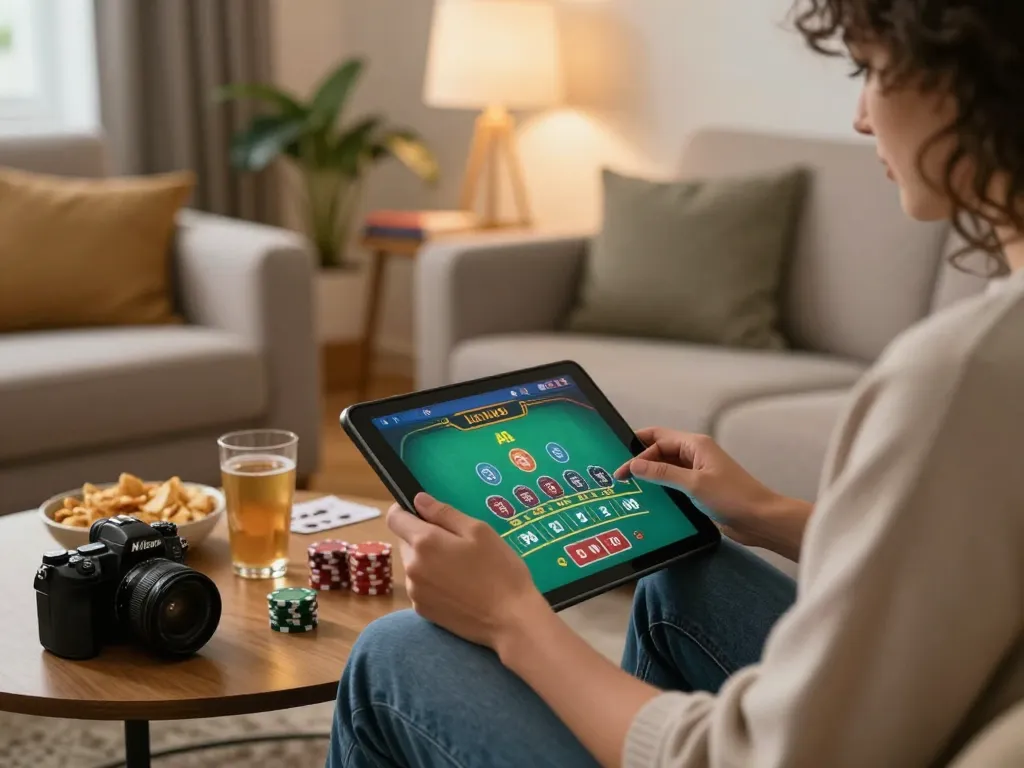 Bong88 player engaging in a live dealer blackjack game using a tablet in a cozy home setting