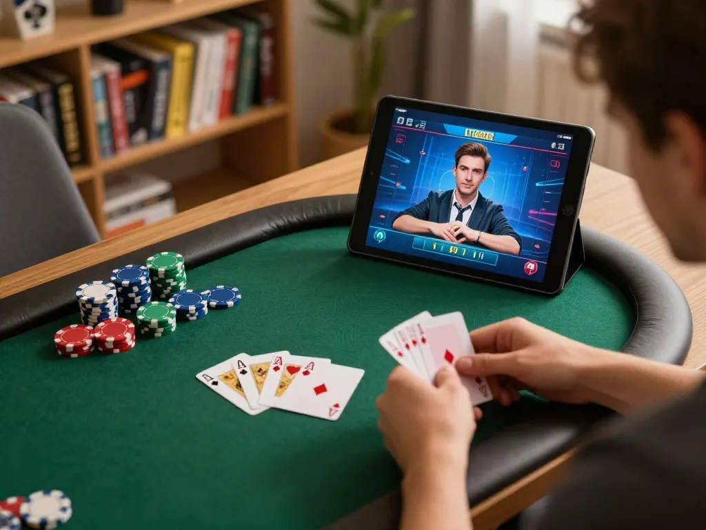 Dola789 poker player winning with strong hand during a cozy home game session on a tablet.