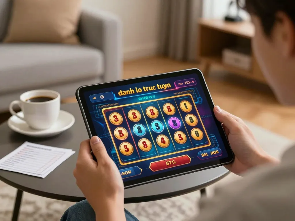 Player engaging in danh lo truc tuyen online betting on a tablet in a cozy home setting