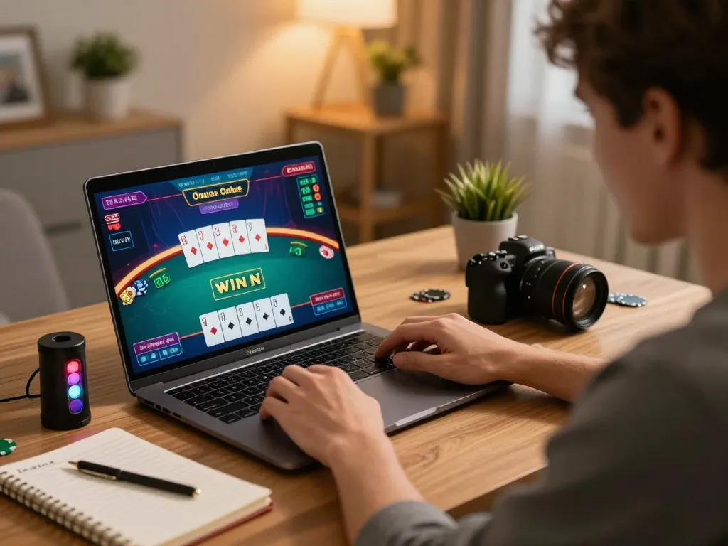 Player engaged in an online poker game on their laptop, celebrating a win while using 99ok gaming strategy.