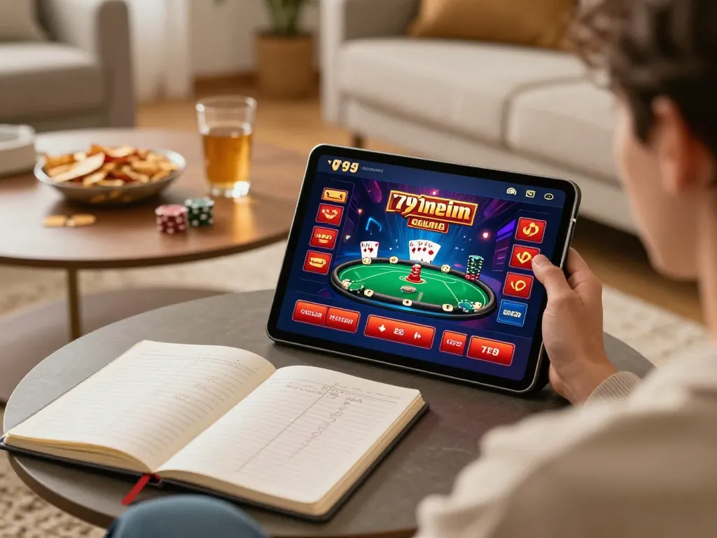 Player enjoying a poker game on fun 79 online casino in a cozy home setting with snacks and strategy notes.