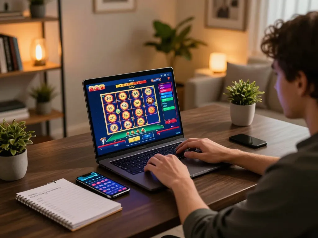 Engaging in online gambling with lu88 app on laptop, showcasing vibrant gaming interface and strategic environment.