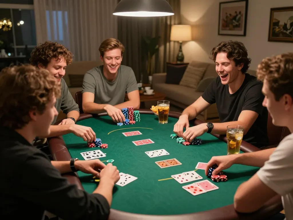 Engaging home poker night scene showcasing friends enjoying 789WIN strategy games with vibrant chips and cards.