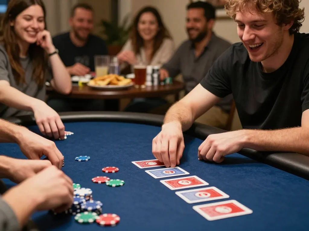 Player calculating odds at the poker table while enjoying a home game with friends using fabet strategies.