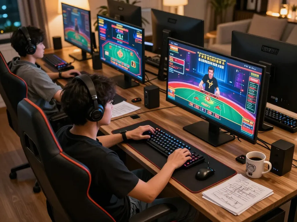 Engaging in online gambling at trang chủ jun88 with multiple screens showcasing casino games