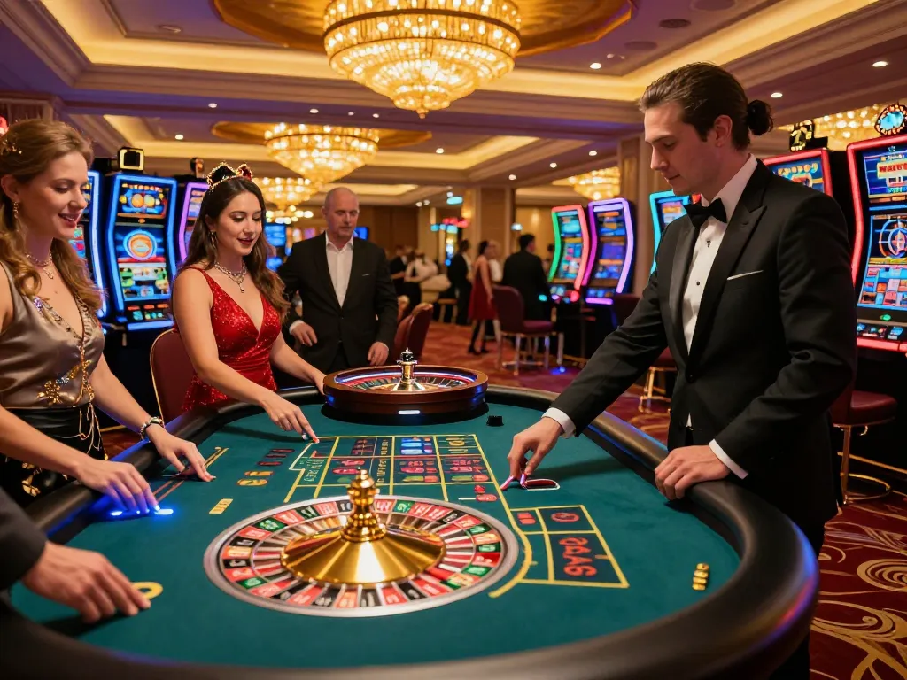 Players placing bets at a roulette table in the bustling casino environment of hay88x, capturing the excitement of gaming.