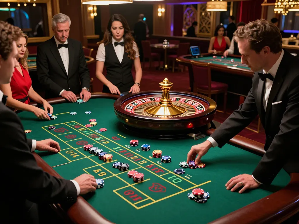 Players enjoying a thrilling roulette game at TT88 nhà cái casino, focusing on vibrant chips and a spinning wheel.