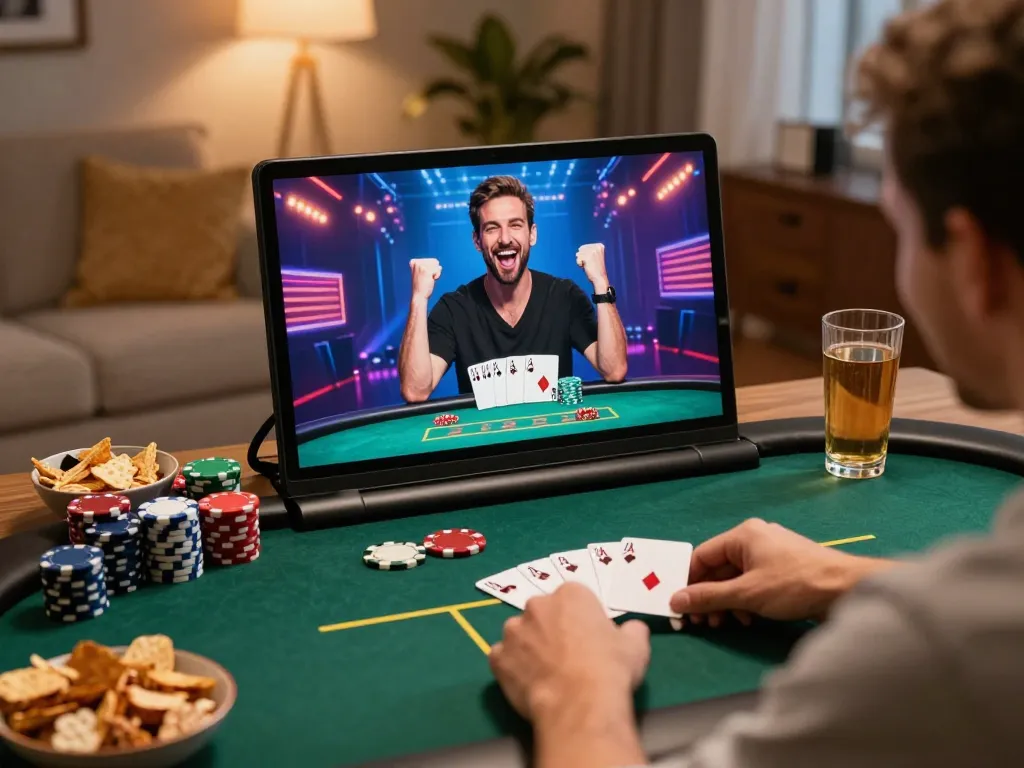 LUCK8 player celebrating a big win on a poker game in a cozy home setting.