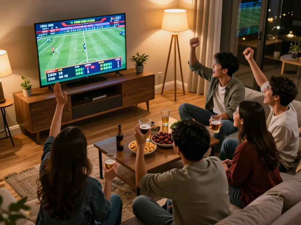 Friends celebrating a winning sports bet while enjoying the S666 betting experience at home.