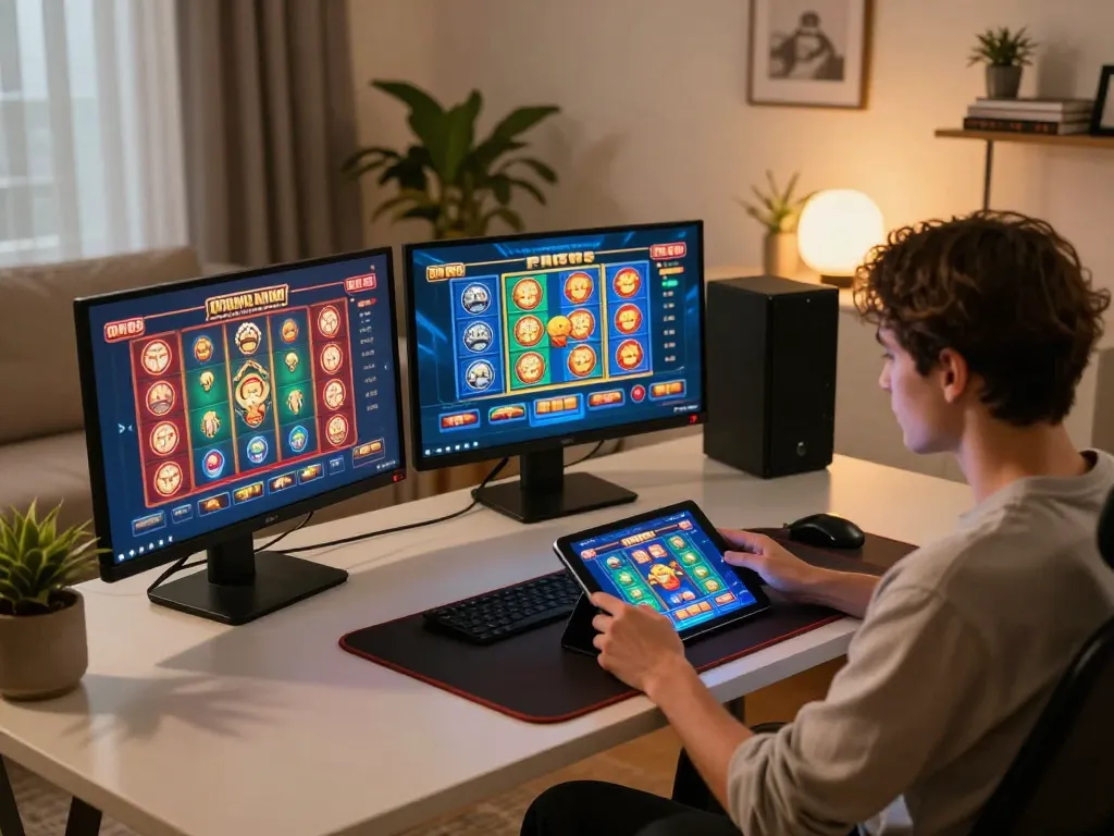 Engaged player enjoying dn88 casino games on tablet at home with stylish decor.