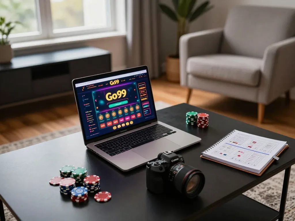 Experience exciting online gaming with Go99 at a stylish home setup showcasing a laptop and poker chips