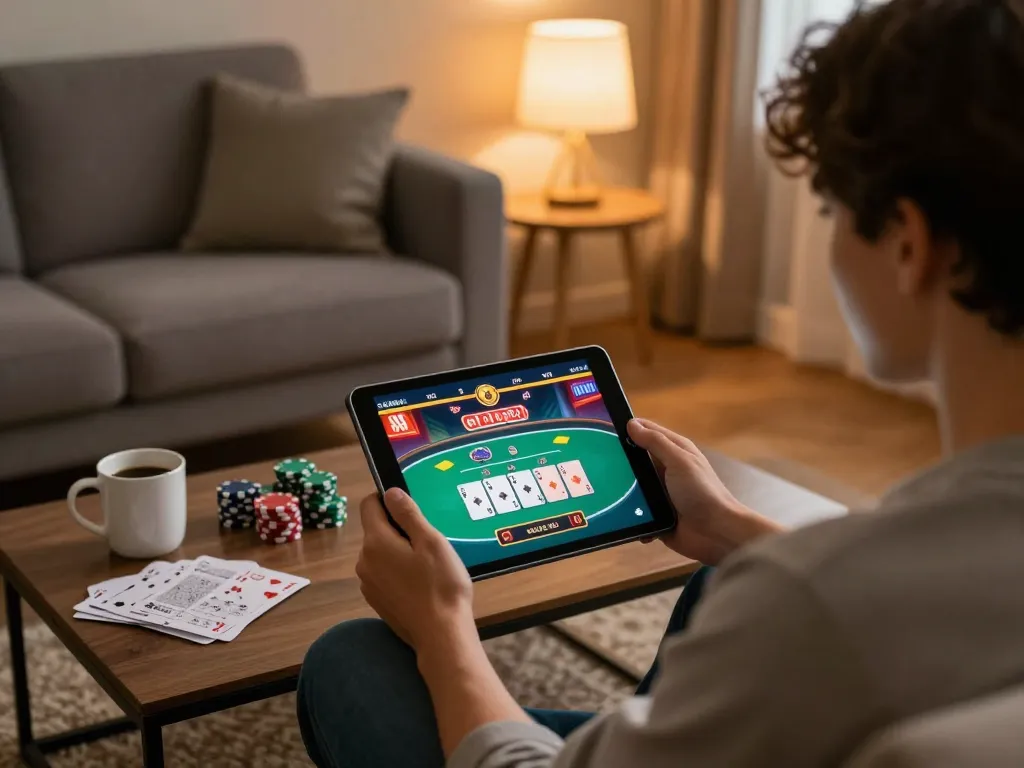 Engaging gaming moment at nhà cái ko66 with online poker on a tablet while relaxing at home.