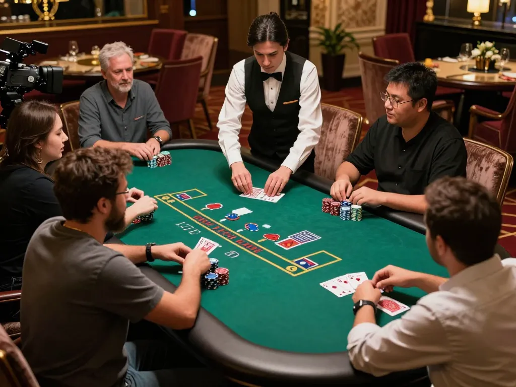 Players enjoying a thrilling game of blackjack at HI88 casino with a live dealer and warm lighting