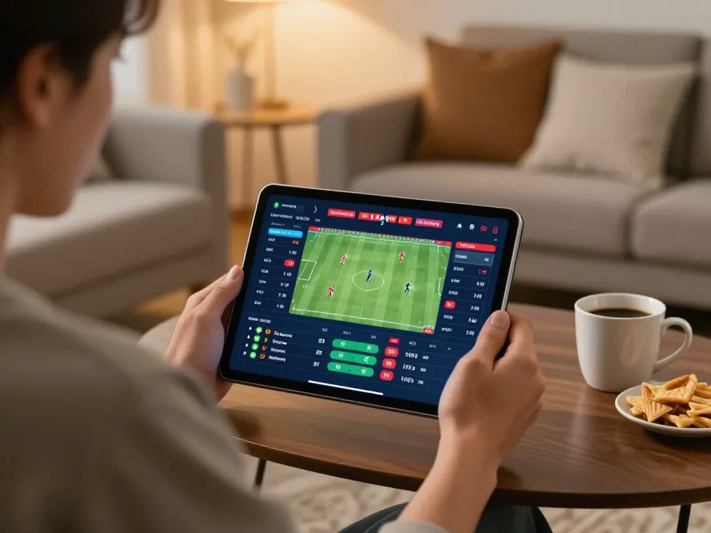 Engaging in sports betting on jun88 with tablet displaying live match odds in a cozy setting.