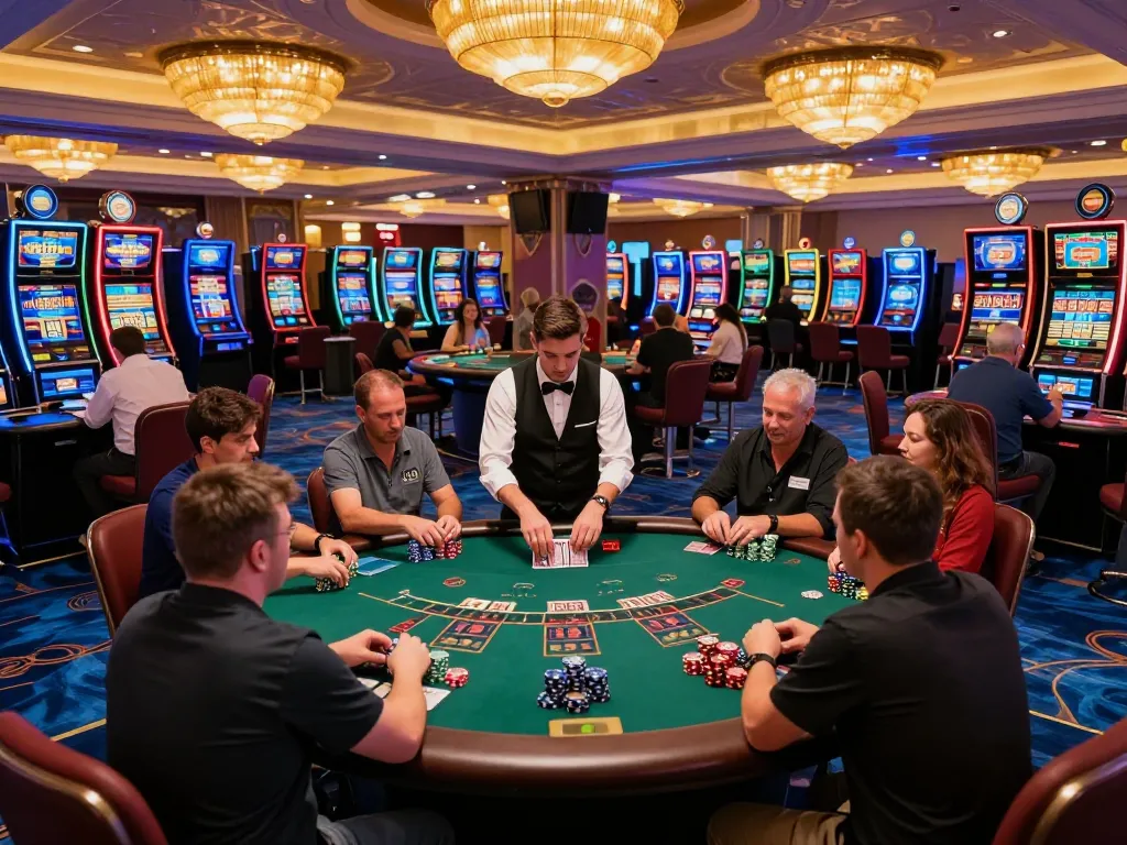 Players engaging in a game of blackjack at u888 casino, vibrant casino scene.
