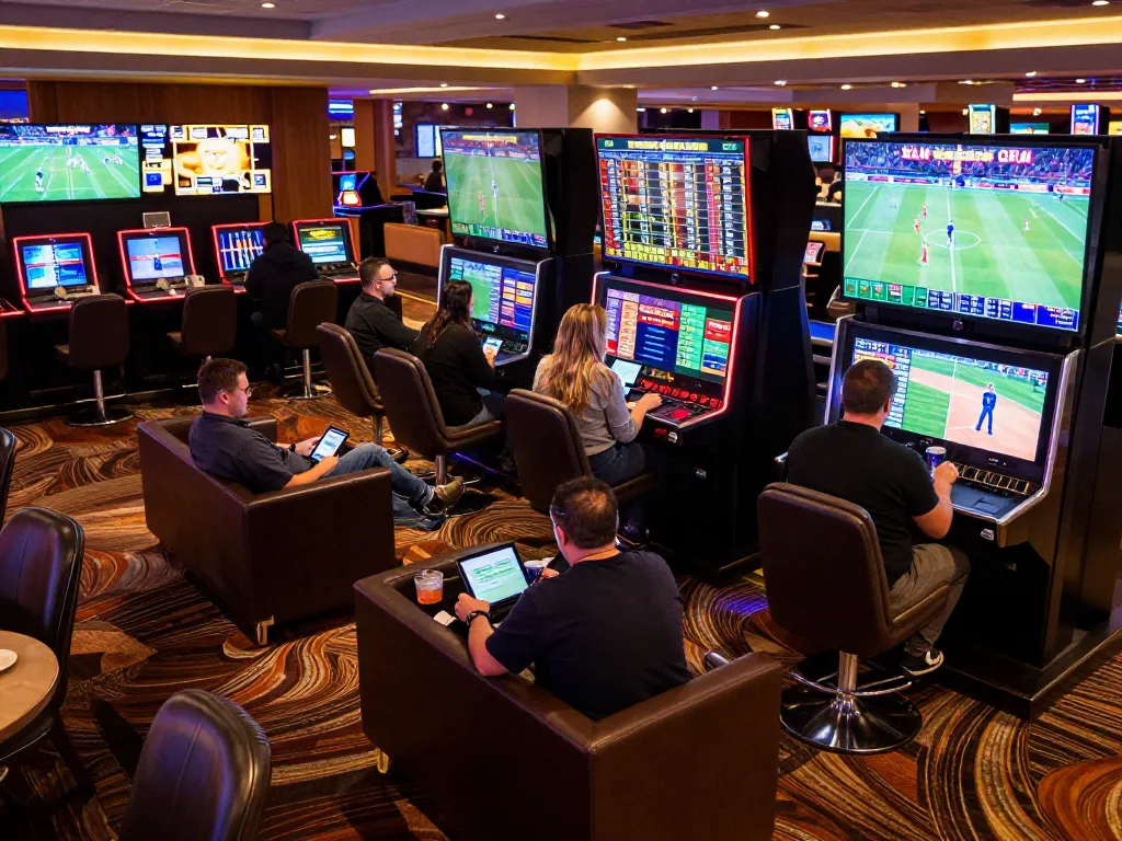 Tỷ lệ kèo nhà cái hôm nay displayed on large screens in a lively sports betting lounge