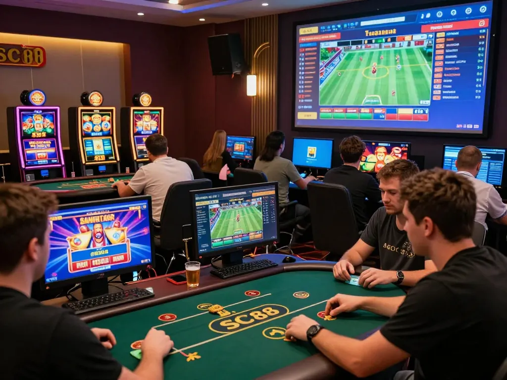 Engaged players exploring SC88's diverse online casino games in a vibrant gaming environment.