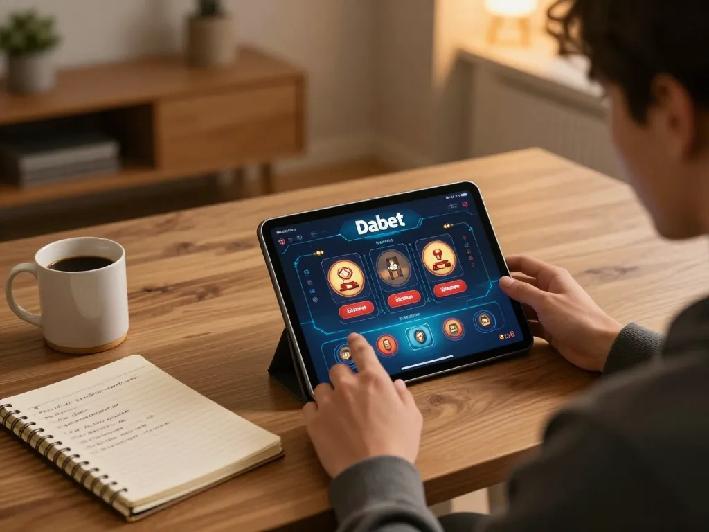 Tải app Dabet on a tablet while planning betting strategies in a cozy home environment.