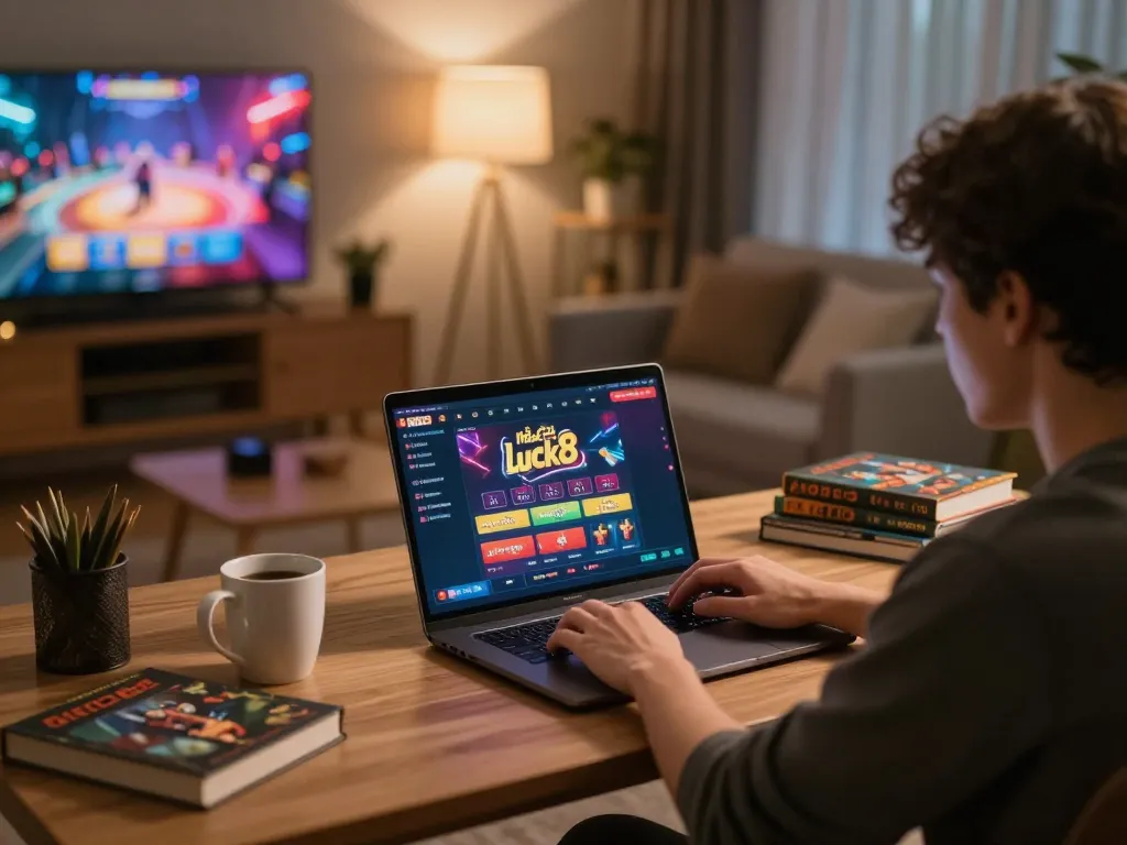 Person engaged in an online gaming session at nhà cái luck8, showcasing a cozy home atmosphere with vibrant casino interface.