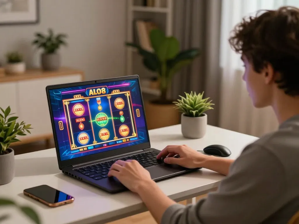 Player enjoying immersive ALO8 ME slots game on laptop in cozy home environment