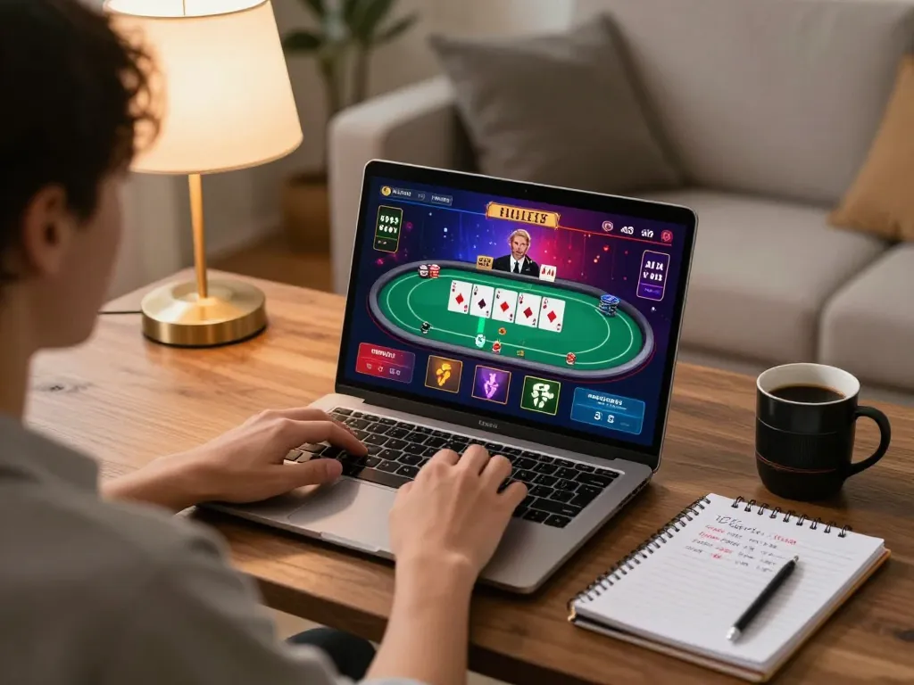 Player engaging in online poker at home, showcasing bl555 gaming strategy and excitement.
