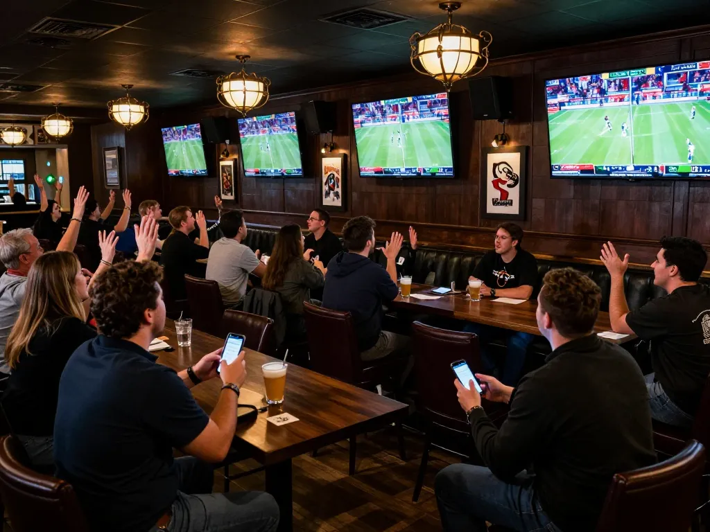 Patrons engaging with keonhacai sports betting app during live game night excitement