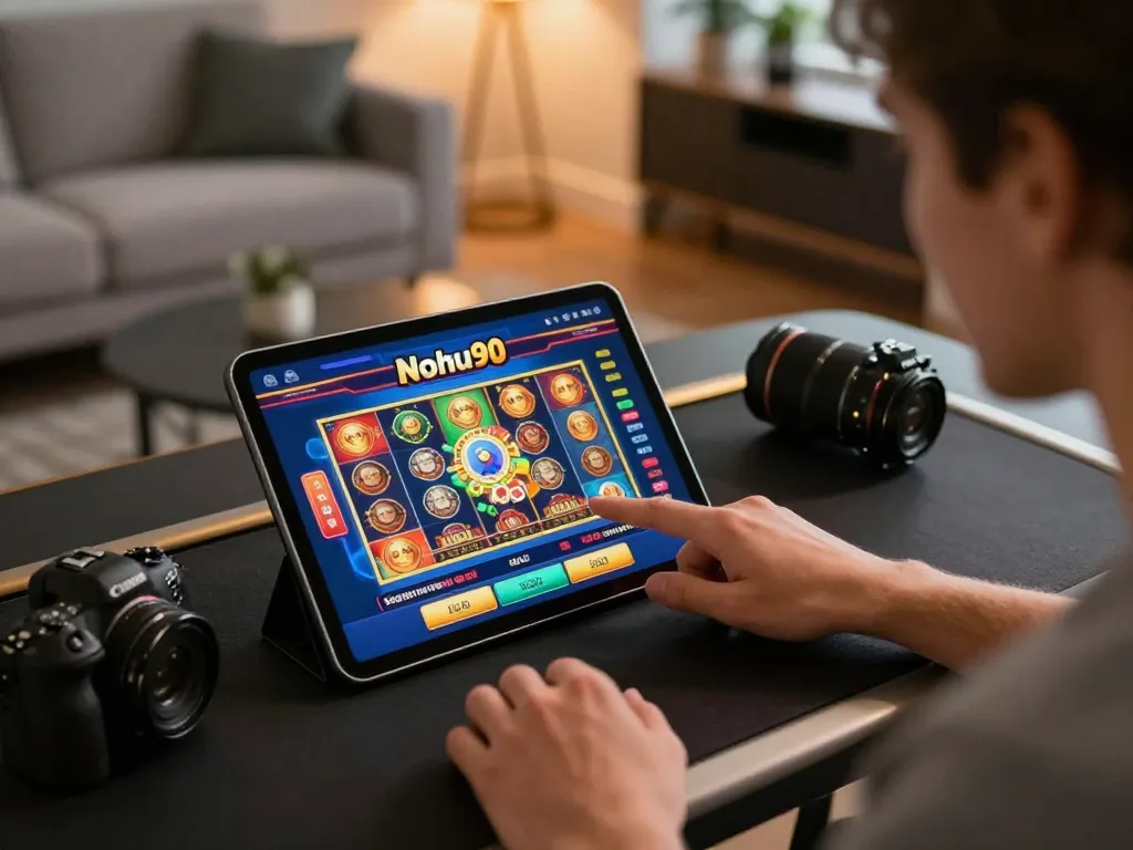 Nohu90 online casino setup with vibrant slot graphics and responsible gaming elements.