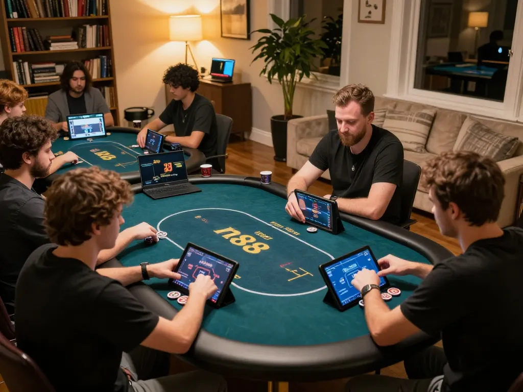 Engaging in online poker at home showcasing n88 gaming experience with multiple players.